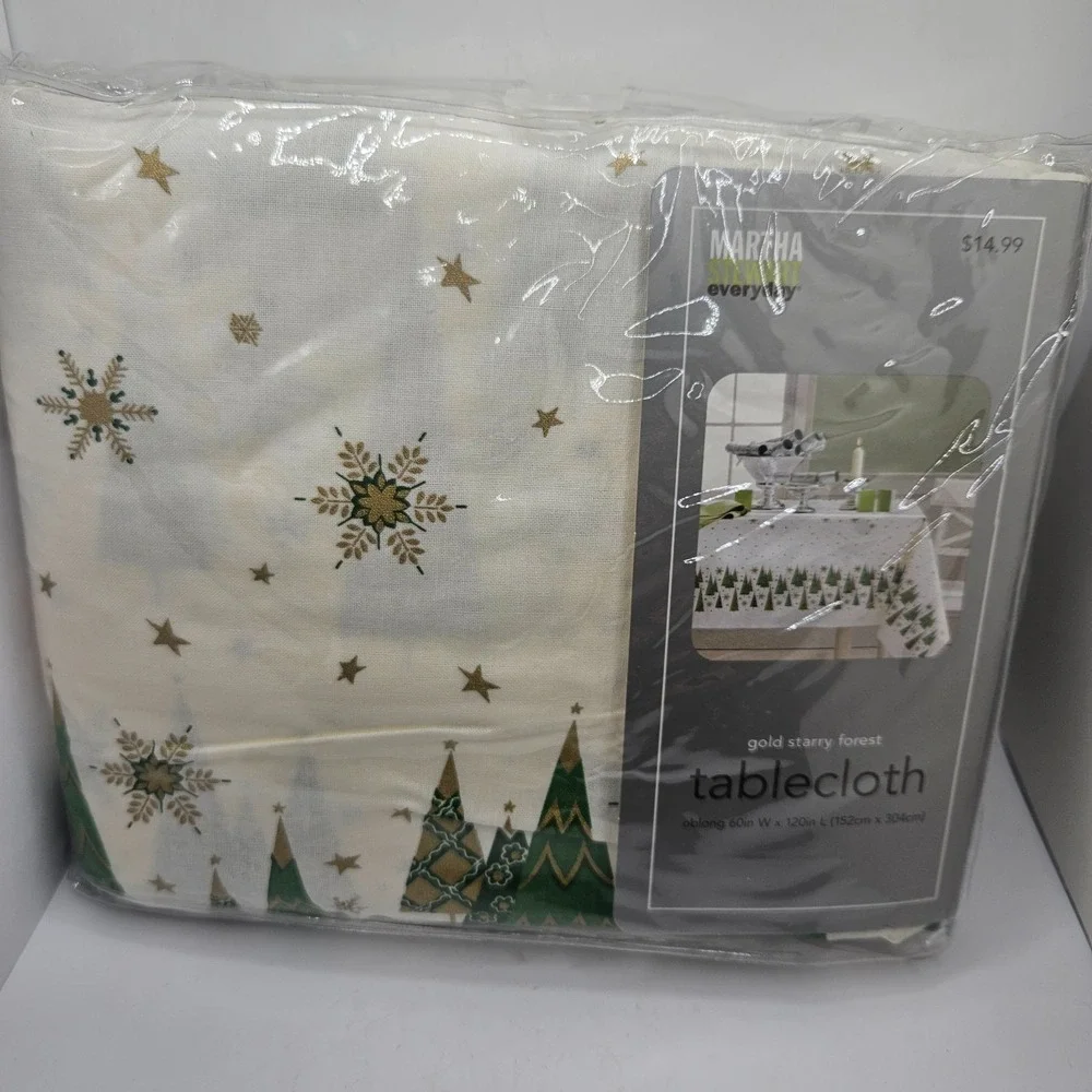 Martha Stewart Gold Starry Forest Christmas Tablecloth 60x120 Oblong Holiday NOS